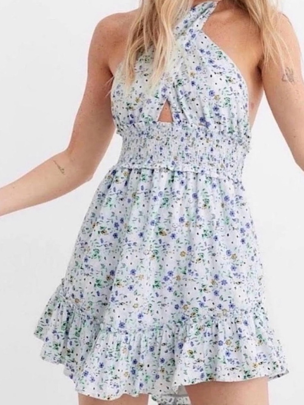 aerie Light Blue Floral Halter Backless Sundress, convertible straps